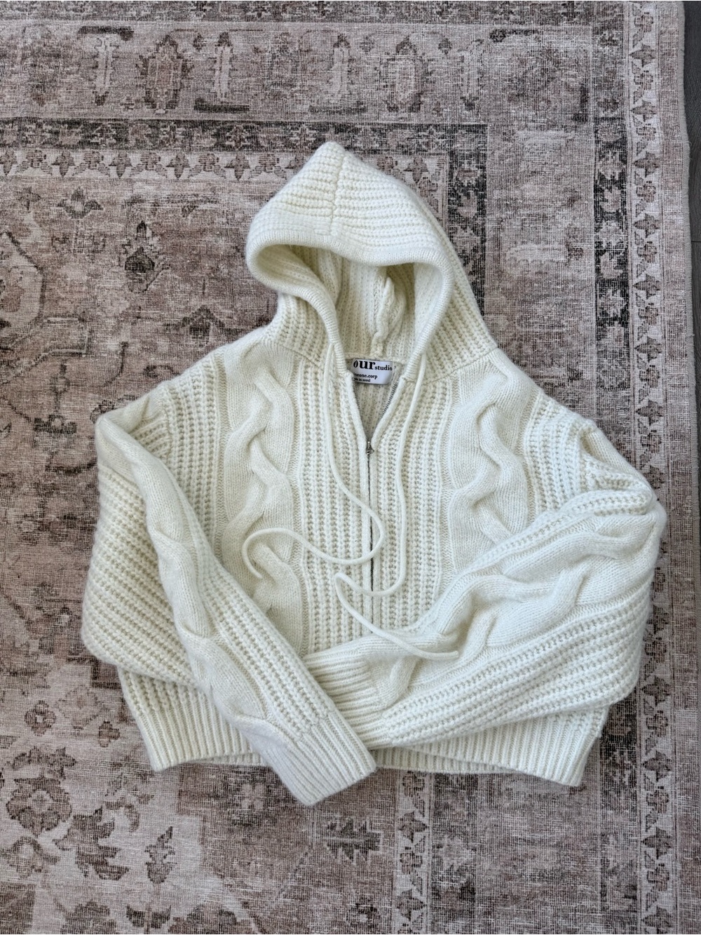 Hooded Cable Knit Sweater - Cream